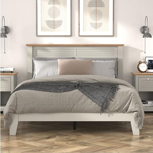 Galano Milan Double Bed - Stylish Wooden Bedframe with Mirrored Headboard - Sturdy Bedframe for Adult - Wood Slat Support - Easy Assembly – Bedroom Furniture (Ivory/Oak)