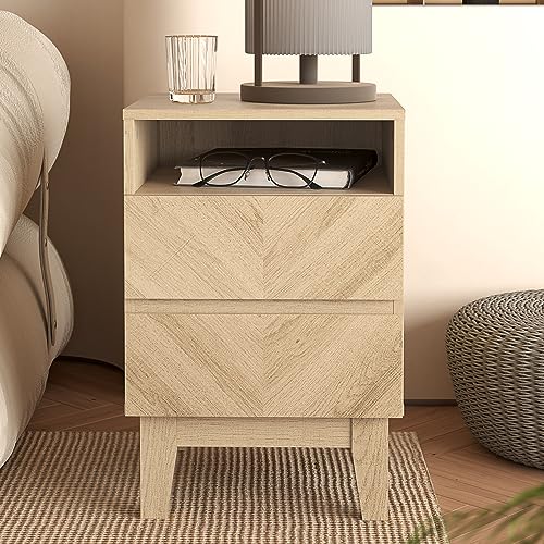 Galano Hanwell 2 Drawer Side Table, Stylish Fishborne Design End Table with Drawer Open Shelf Stable Sturdy Engineered Wooden Nightstand Storage for Small Spaces/Living Room/Bedroom