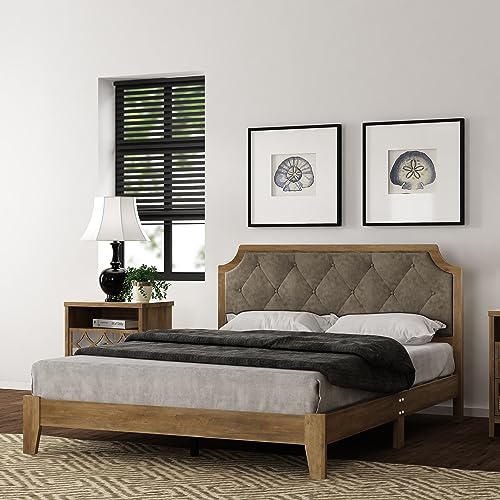 Galano Annifer Wood Platform Queen Bed Frame with Cushion Headboard, Mattress Foundation with Wood Slat Support, No Box Spring Needed, 62.99" L x 84.49" W x 41.54" H, Knotty Oak