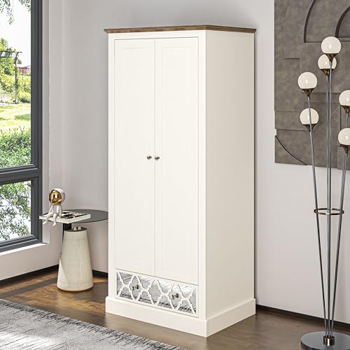 Galano Sufly 2 Door 1 Drawer Wardrobe - Bedroom Furniture Unit with Hanging Rail Storage and Drawer, Wardrobe Storage Organiser (Ivory/Oak)