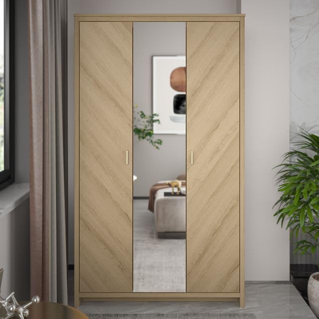 Galano Bonny 2 Door Wardrobe with Mirror - Stylish & Sturdy Wardrobe with Bar Gold Handle - Bedroom Furniture Unit with Hanging Rail Storage (Oslo Oak)