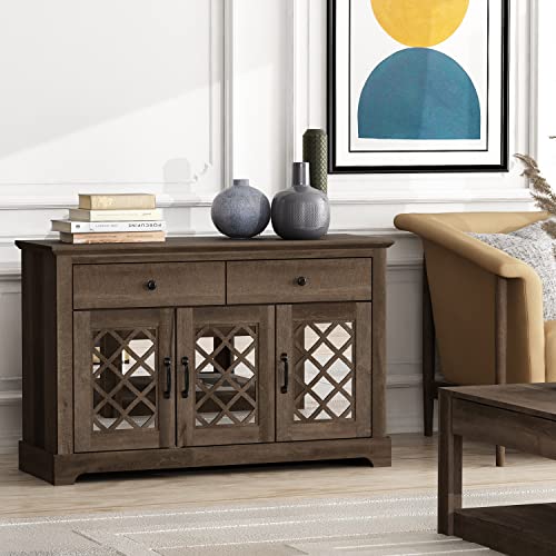 Galano Millicent Wine Cabinet, Farmhouse Coffee Bar Cabinet with Mirror Doors, Sideboard Buffet Table with Wine and Glass Rack, Home Liquor Bar with Storage Shelves for Dining Room, Dusty Grey Oak