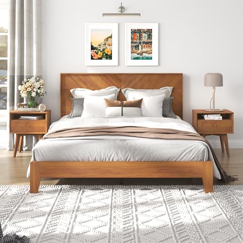 Galano Weiss Clara Queen-Bettrahmen mit Kopfteil, Matratzenunterlage mit Holzlattenunterstützung, kein Boxspring erforderlich, 64,49" L x 85,47" B x 40,28" H, Bernstein-Walnuss