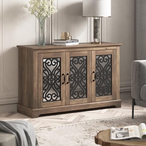 Galano Calidia 3 Door Sideboard, Kitchen Storage Sideboard Buffet Cabinet Console with Acrylic Mirror Doors & Adjustable Shelves, 15.67" D x 45.71" W x 29.29" H, Knotty Oak