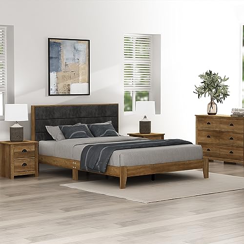 Galano Johniel Queen Size Bed Frame with Cushioned Headboard, Wooden Slats Support, Mattress Foundation & No Box Spring Needed, 64.17" L x 85.31" W x 40.16" H, Knotty Oak