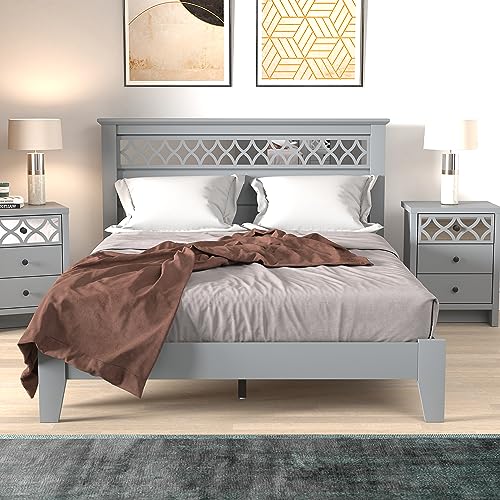 Galano Amanda Double Bed - Stylish Wooden Bedframe with Mirrored Headboard - Sturdy Bedframe for Adult - Wood Slat Support - Easy Assembly – Bedroom Furniture