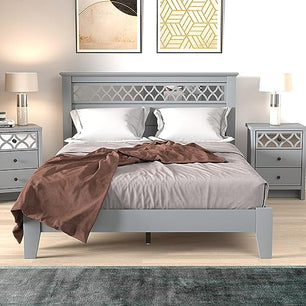 Galano Amanda Double Bed - Stylish Wooden Bedframe with Mirrored Headboard - Sturdy Bedframe for Adult - Wood Slat Support - Easy Assembly – Bedroom Furniture