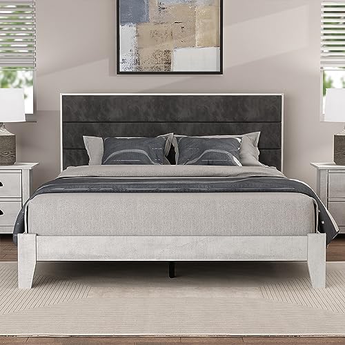 Galano Johniel Wood Platform Queen Bed Frame with Cushion Headboard, Mattress Foundation with Wood Slat Support, No Box Spring Needed, 64.17" L x 85.31" W x 40.16" H, Dusty Grey Oak