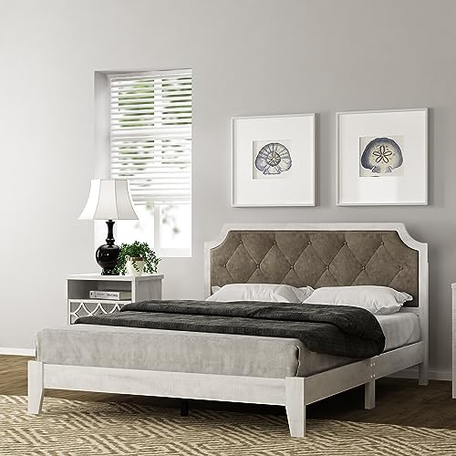 Galano Annifer Queen Platform Bed Frame with Cushioned Upholstered Headboard & Wooden Slats Support, Mattress Foundation, No Box Spring Needed, 62.99" D x 84.49" W x 41.54" H, Dusty Grey Oak