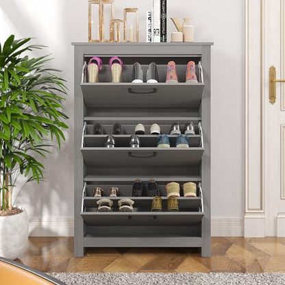 Galano Limestone 3 Door Shoe Cabinet - Slim Storage Cabinet - Organizers and Storage Cabinet for Hallway - Entryway or Living Room (Light Grey)