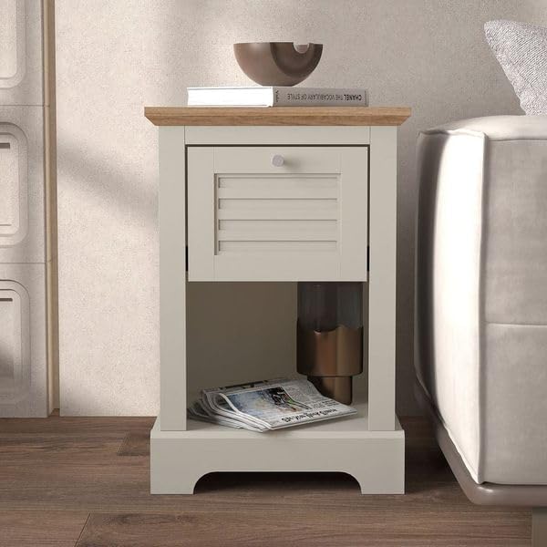 Galano Milan 1 Drawer Bedside Table - Stylish Side Table with Storage - Storage Cabinet for Hallway - Entryway or Bedroom (Pearl White Oak)