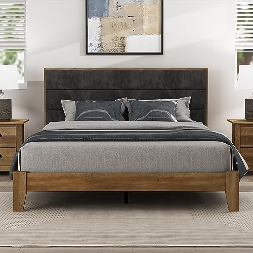 Galano Johniel Queen Size Bed Frame with Cushioned Headboard, Wooden Slats Support, Mattress Foundation & No Box Spring Needed, 64.17" L x 85.31" W x 40.16" H, Knotty Oak