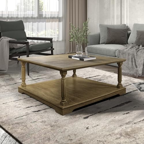 Galano Delroy Coffee Table for Living Room, 2-Tier Rustic Wood Desktop & Sturdy Legs Table Modern Design Home Furniture with Storage Shelf, Antique Oak