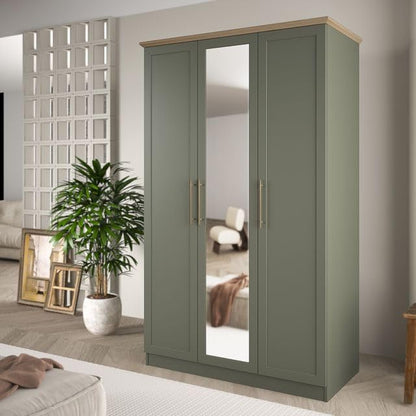 Galano Cleverton 3 Door Wardrobe with Mirror - Stylish & Sturdy Wardrobe with Bar Gold Metal Handle - Bedroom Furniture Unit with Hanging Rail Storage (Dark Green/Oak)