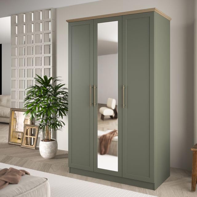 Galano Cleverton 2 Door Wardrobe with Mirror - Stylish & Sturdy Wardrobe with Bar Gold Metal Handle - Bedroom Furniture Unit with Hanging Rail Storage (Dark Green/Oak)