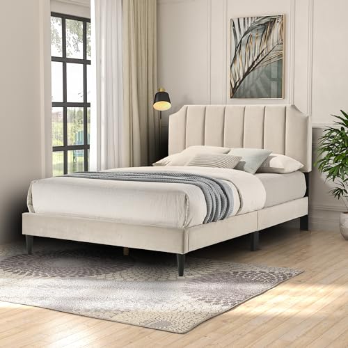 Galano Upholstered Double Bed - Stylish Fabric Bedframe with Headboard - Sturdy Bedframe for Adult with Wooden Slat Support - Easy Assembly