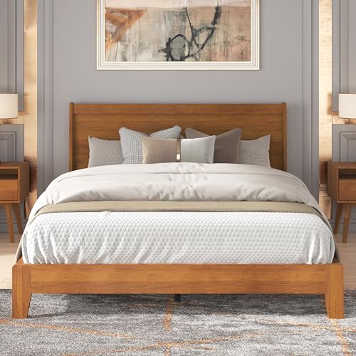 Galano Abby Serene Wood Platform Queen Bed Frame with Headboard, Mattress Foundation with Wood Slat Support, No Box Spring Needed, Easy Assembly, Amber Walnut