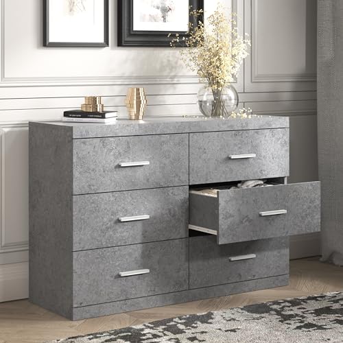 Galano Carmelo 6 Drawer Dresser (Interlock) Chest for Bedroom Drawer Organizer Deep Drawers Clothes Storage Marble Design 16.26" D x 46.46" W x 31.73" H Concrete Cool Grey