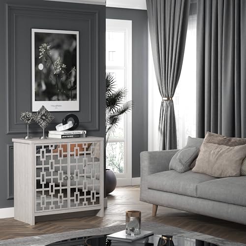 Galano Mollison 3 Door Sideboard - Moden Laser Cut Pattern with Acrylic Mirror Storage Cabinet for Living Room, Bedroom, or Kitchen (Dusty Grey Oak)