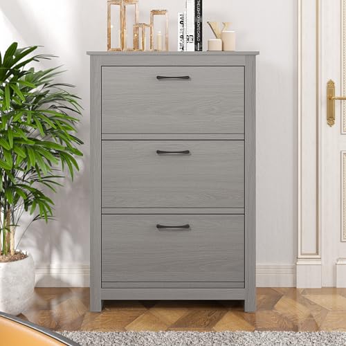 Galano Limestone 3 Door Shoe Cabinet - Slim Storage Cabinet - Organizers and Storage Cabinet for Hallway - Entryway or Living Room (Light Grey)