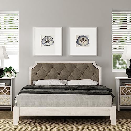 Galano Annifer Queen Platform Bed Frame with Cushioned Upholstered Headboard & Wooden Slats Support, Mattress Foundation, No Box Spring Needed, 62.99" D x 84.49" W x 41.54" H, Dusty Grey Oak