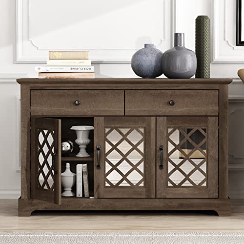 Galano Millicent Wine Cabinet, Farmhouse Coffee Bar Cabinet with Mirror Doors, Sideboard Buffet Table with Wine and Glass Rack, Home Liquor Bar with Storage Shelves for Dining Room, Dusty Grey Oak