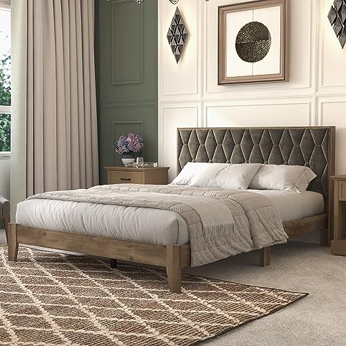 Galano Tancus Platform Queen Bed Frame with Cushion Headboard, Mattress Foundation with Wood Slat Support, No Box Spring Needed, 64.17" L x 85.16" W x 40.24" H, Knotty Oak