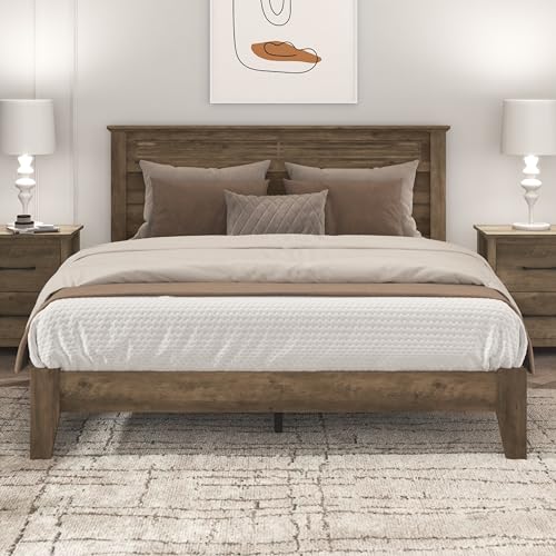 Galano Tiena Louvered Wood Platform Queen Bed Frame with Headboard, Mattress Foundation with Wood Slat Support, No Box Spring Needed, 65.75" D x 85.35" W x 40.16" H, Knotty Oak