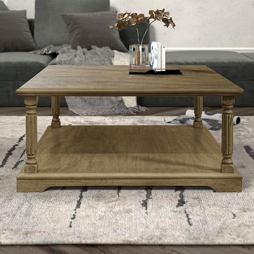 Galano Delroy Coffee Table for Living Room, 2-Tier Rustic Wood Desktop & Sturdy Legs Table Modern Design Home Furniture with Storage Shelf, Antique Oak