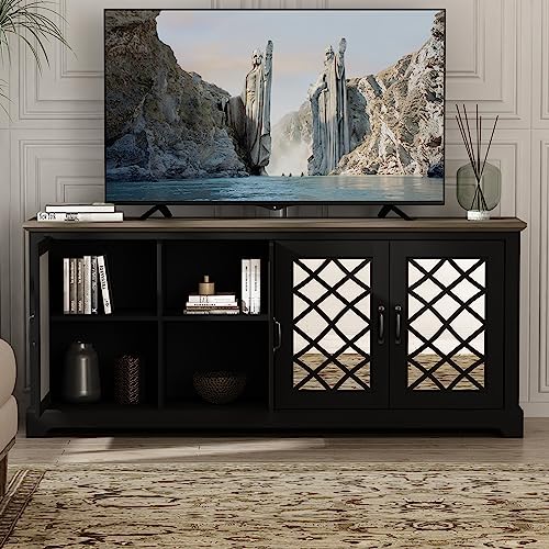 Galano Millicent TV Stand for 65+ Inch TV, 29" Tall Highboy Entertainment Center with Mirror Door, Rustic Media Console w/Storage Shelves, Wood Television Stand for Living Room, Ivory Knotty Grey Oak