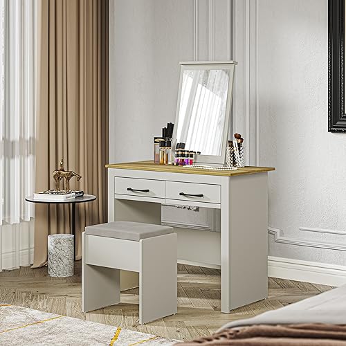 Galano Limestone Dressing Table with Mirror and Cushioned Stool - Bedroom Large Vanity Makeup Table with Drawer Storage – Console Table for Home Hallway and Living