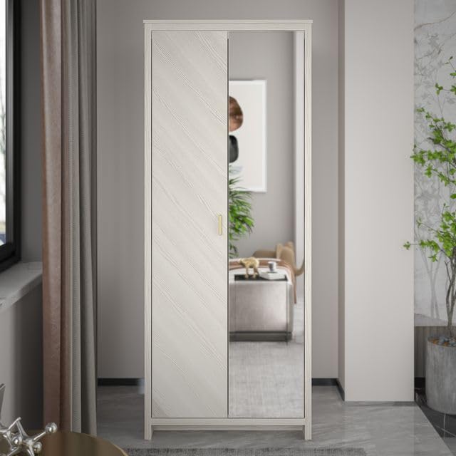 Galano Bonny 2 Door Wardrobe with Mirror - Stylish & Sturdy Wardrobe with Bar Gold Handle - Bedroom Furniture Unit with Hanging Rail Storage (New White)