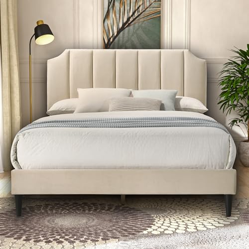 Galano Upholstered Double Bed - Stylish Fabric Bedframe with Headboard - Sturdy Bedframe for Adult with Wooden Slat Support - Easy Assembly