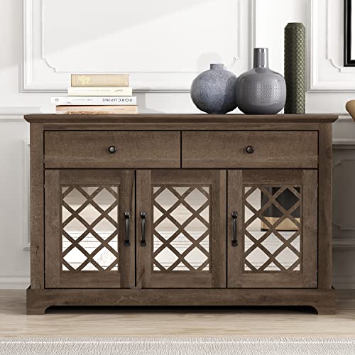 Galano Millicent Wine Cabinet, Farmhouse Coffee Bar Cabinet with Mirror Doors, Sideboard Buffet Table with Wine and Glass Rack, Home Liquor Bar with Storage Shelves for Dining Room, Dusty Grey Oak