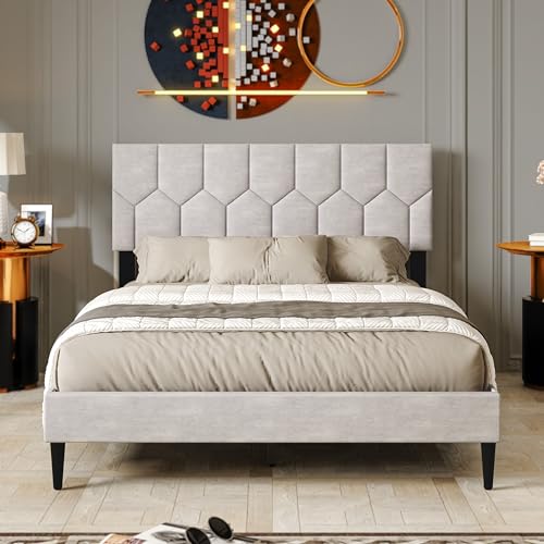 Galano Grimsby Upholstered Double Bed - Stylish Fabric Bedframe with Headboard - Sturdy Bedframe for Adult with Wooden Slat Support - Easy Assembly