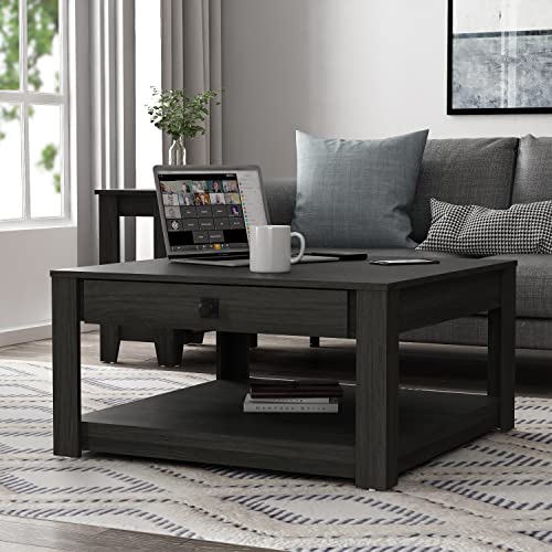 Galano Philia Square Coffee Table - Hidden Compartment and Storage Shelf - Modern Tabletop Dining Table for Living Room - Engineered Wood - Easy Assembly - Dusty Grey Oak