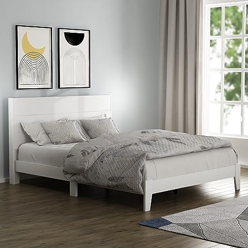 Galano Payne Queen-Bettrahmen mit Holzplattform und Kopfteil, Matratzenunterlage mit Lattenrost, kein Boxspringbett erforderlich, 163 cm T x 216 cm B x 102 cm H, weiß