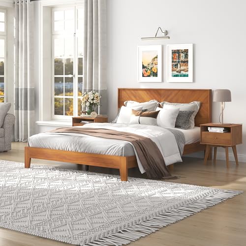 Galano Weiss Clara Queen-Bettrahmen mit Kopfteil, Matratzenunterlage mit Holzlattenunterstützung, kein Boxspring erforderlich, 64,49" L x 85,47" B x 40,28" H, Bernstein-Walnuss