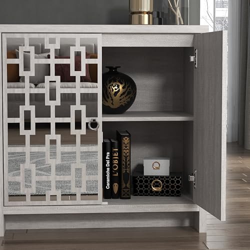 Galano Mollison 3 Door Sideboard - Moden Laser Cut Pattern with Acrylic Mirror Storage Cabinet for Living Room, Bedroom, or Kitchen (Dusty Grey Oak)