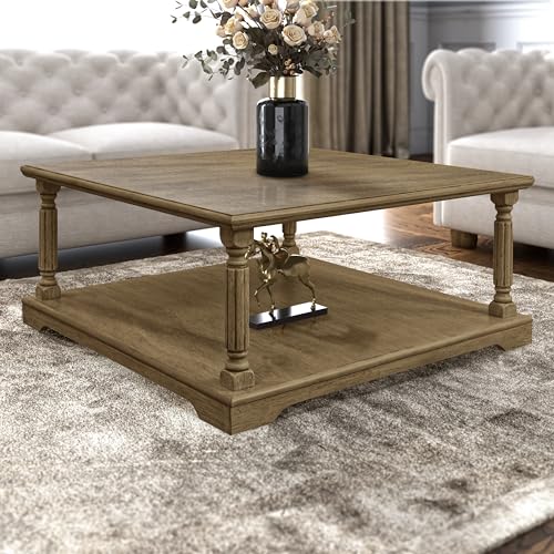 Galano Delroy Coffee Table for Living Room, 2-Tier Rustic Wood Desktop & Sturdy Legs Table Modern Design Home Furniture with Storage Shelf, Antique Oak