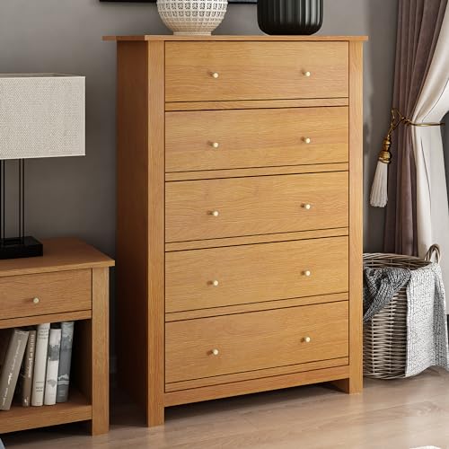 Galano Genoa 5 Drawer Dresser Wooden Dresser with Large Capacity Storage Chest of Drawers Modern Bedroom Furniture Design 17.13" D x 30.39" W x 46.22" H Dusty Grey Oak