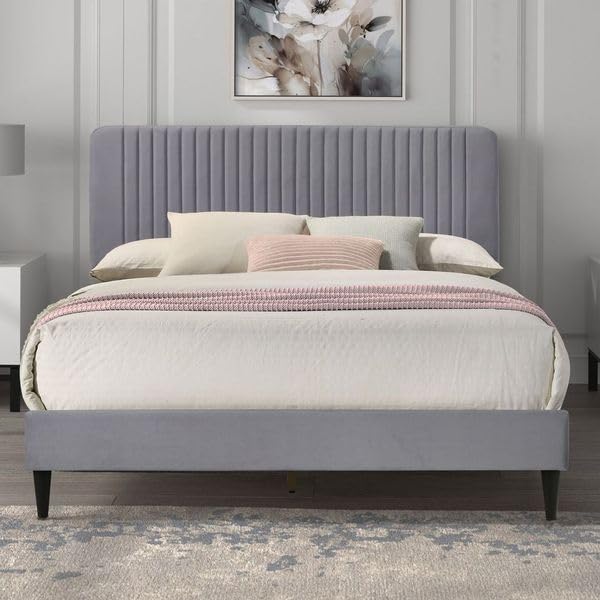 Galano Newry Upholstered Double Bed - Stylish Fabric Bedframe with Headboard - Sturdy Bedframe for Adult with Wooden Slat Support - Easy Assembly (Grey)