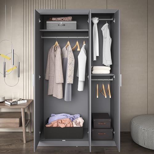 Galano Kimberley 3 Door Wardrobe with Mirror - Mirrored Stylish & Sturdy Wardrobe - Bedrrom Furniture with Hanging Rail Storage