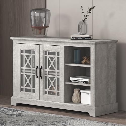 Galano Isadora 2 Door Sideboard with Shelves, Farmhouse Buffet Cabinet, Rustic Storage Cabinet, Coffee Bar for Dining Room, Kitchen, Hallway and Living Room, Dusty Grey Oak