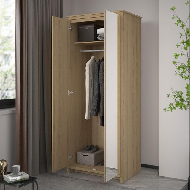 Galano Bonny 2 Door Wardrobe with Mirror - Stylish & Sturdy Wardrobe with Bar Gold Handle - Bedroom Furniture Unit with Hanging Rail Storage (Oslo Oak)