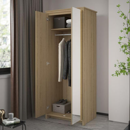 Galano Bonny 2 Door Wardrobe with Mirror - Stylish & Sturdy Wardrobe with Bar Gold Handle - Bedroom Furniture Unit with Hanging Rail Storage (New White)