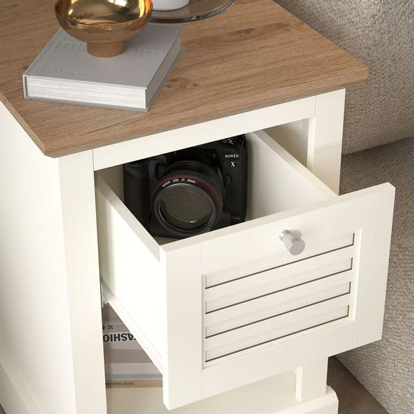 Galano Milan 1 Drawer Bedside Table - Stylish Side Table with Storage - Storage Cabinet for Hallway - Entryway or Bedroom (Pearl White Oak)