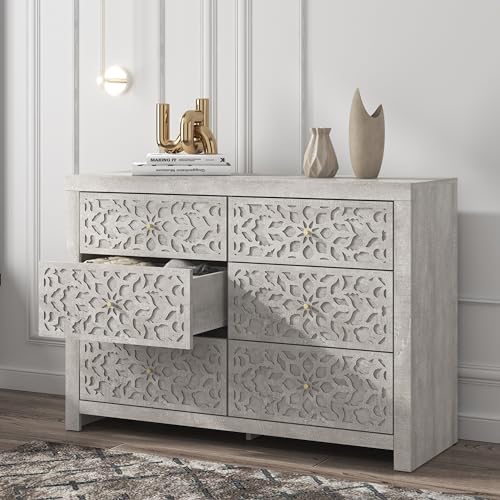 Galano Avaro 6 Drawer Dresser Interlock Large Wooden Dresser with Storage Drawers for Bedroom Organizer Laser Cut Design 45.35" D x 16.06" W x 31.73" H Knotty Oak