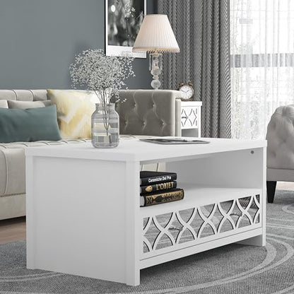 Galano Iris Coffee Table with Drawer - Modern Mirrord Effect Coffee Table - Storage Cabinet for Entryway - Foyer - Living Room - Space Saving (White)