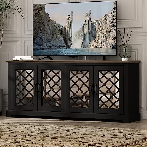 Galano Millicent TV Stand for 65+ Inch TV, 29" Tall Highboy Entertainment Center with Mirror Door, Rustic Media Console w/Storage Shelves, Wood Television Stand for Living Room, Ivory Knotty Grey Oak